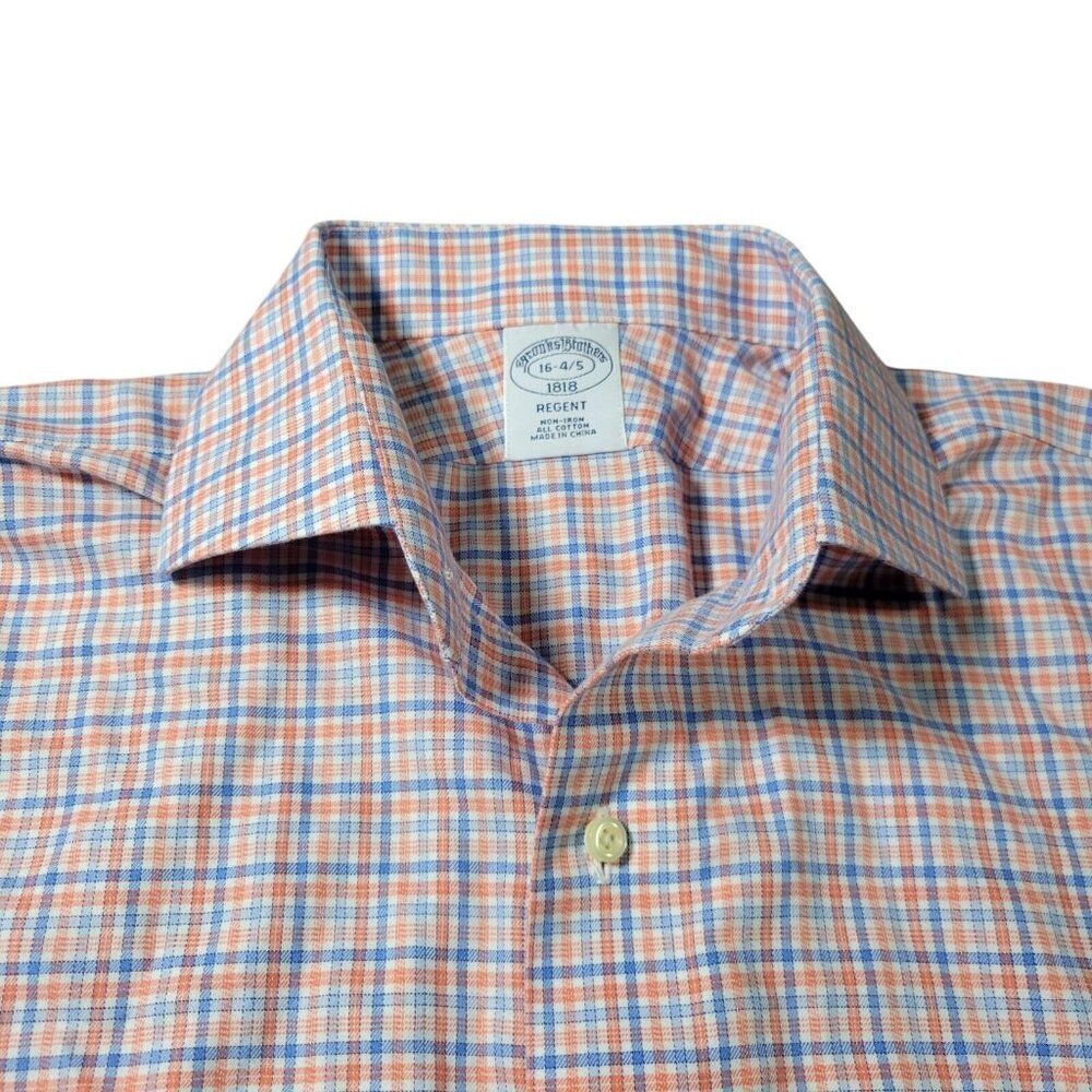 Brooks Brothers Dress Shirt Mens 16 4/5 Blue Orange Check Button Down